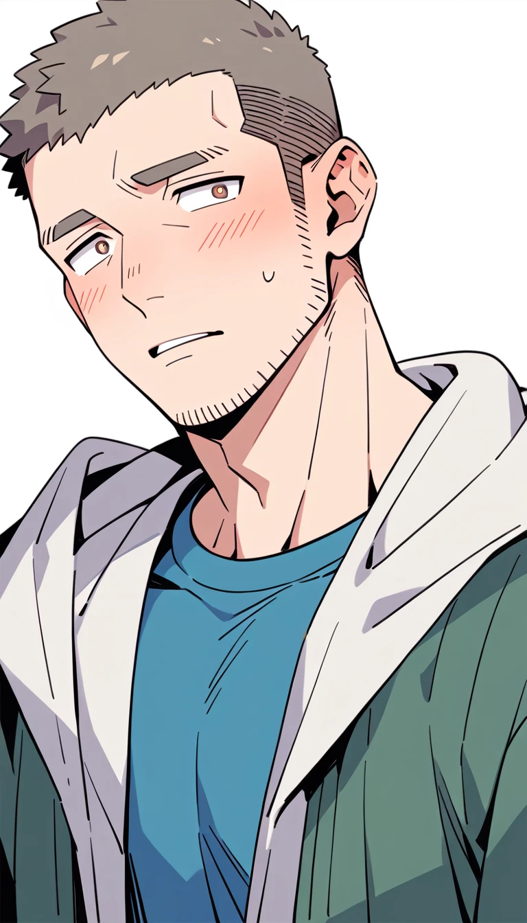 negative space, anime characters：Priapus, Muscle Sports Student, Buzz Cut, Manliness, male focus, Sports tight hooded sweatshirt, Very tight, full and perky chest muscles, muscular male, muscular, only, Upper body, alone, Red short hair, Thick eyebrows, stubble, Brown-red pupils, White background, simple background, amazing quality, best aesthetics, Ridiculous, crew cut, parted lips, flustered, endured face, shy, blush, negative space, best quality