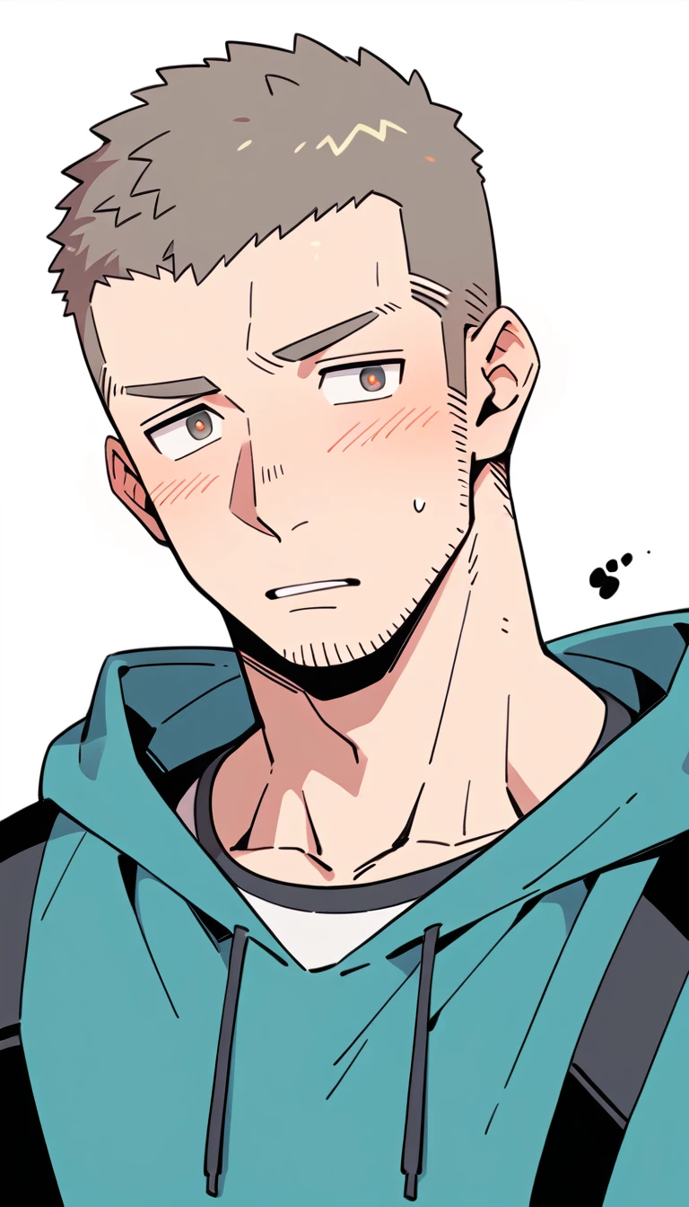 negative space, anime characters:Priapus, Muscle Sports Student, Buzz Cut, Manliness, male focus, Sports tight hooded sweatshirt, Very tight, full and perky chest muscles, muscular male, muscular, only, Upper body, alone, Red short hair, Thick eyebrows, stubble, Brown-red pupils, White background, simple background, amazing quality, best aesthetics, Ridiculous, crew cut, parted lips, flustered, endured face, shy, blush, negative space, best quality