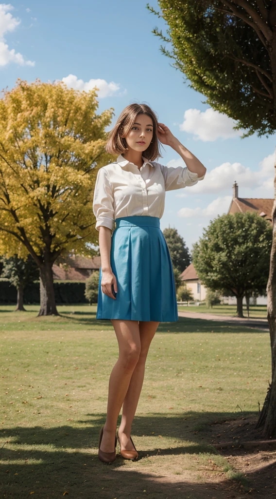 Sally Gland, 1fille, seulement, arbre, Ciel, En plein air, jupe, nuage, brun, cheveux, soleilset, lentille, éclater, paysage, école, uniforme, soleil, Vent, Long, manches, nez d&#39;animal