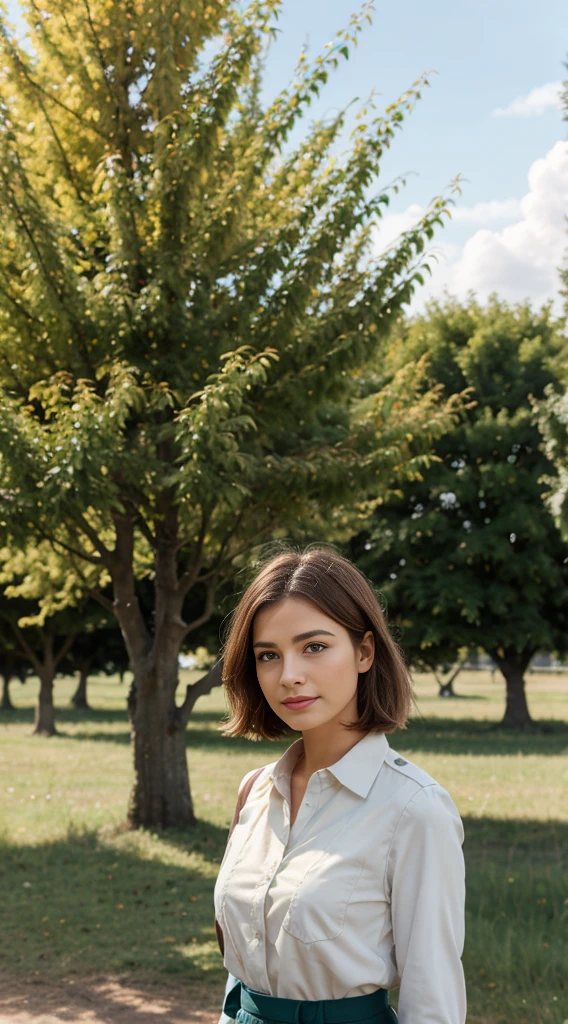Sally Gland, 1fille, seulement, arbre, Ciel, En plein air, jupe, nuage, brun, cheveux, soleilset, lentille, éclater, paysage, école, uniforme, soleil, Vent, Long, manches, nez d'animal