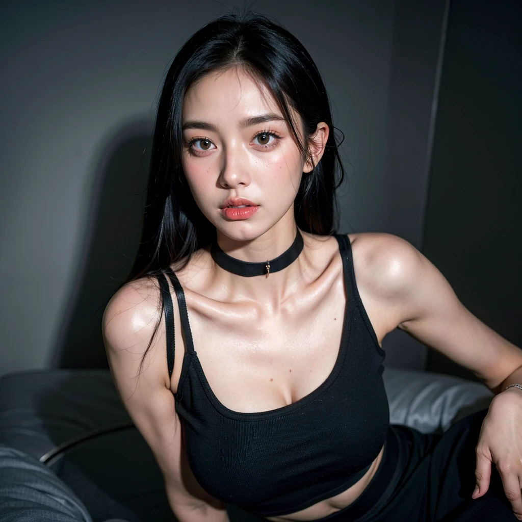 best quality, ultra high res, (photorealistic:1.4), 2girl, tanktop black shirt, black tight skirt, black choker, (faded ash gray hair:1), medium breasts, looking at viewer, closeup, (pretty face) , southeast asia girl.