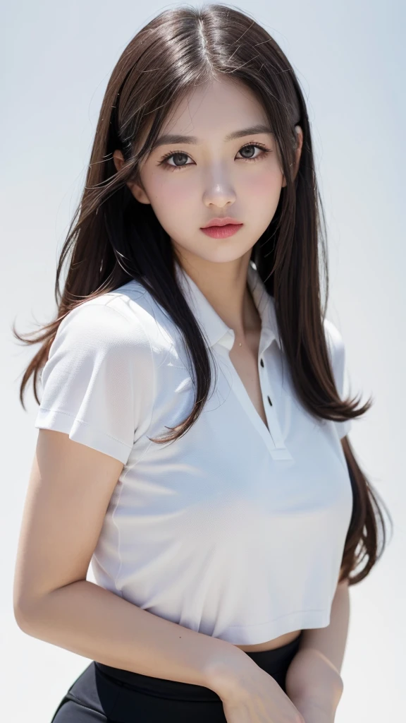 (highest quality、table top、8k、best image quality、Award-winning work)、one cute high school girl、(solo:1.1)、straight medium hair、perfect bangs、(Perfect short sleeve collared polyester shirt:1.1)、(Polyester shirt with pointed collar:1.1)、(The simplest pure white background:1.3)、(The perfect and most natural uniform ribbon:1.2)、(Perfectly fixed to the front:1.1)、close up of face、(very big breasts:1.2)、(emphasize body line:1.2)、close up of face、(Perfect frontal and horizontal portrait of a woman with adequate white space:1.2)、(Depicting a woman perfectly horizontally and frontally:1.2)、beautiful and detailed eyes、look at me and smile、(Upright photo from the chest up:1.2)、(Please turn and look straight at me:1.2)、perfect makeup、Ultra high definition beauty face、ultra high definition hair、Super high-definition sparkling eyes、Super high resolution glossy lips、accurate anatomy、very beautiful skin、(Super high-definition sparkling pure white skin:1.1)、Graceful upright posture seen from the front、(very bright:1.2)
