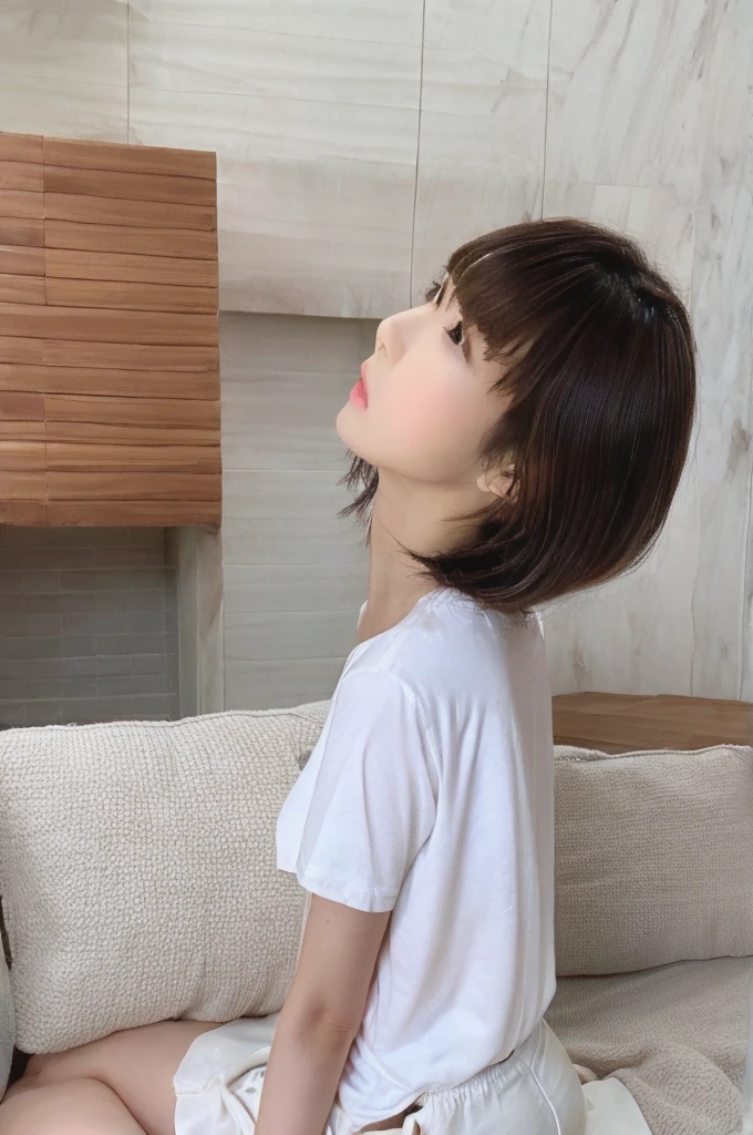 1 girl,enako,white shirt,mini skirt,from side,sitting,BJ,hetaro,1 man,penis,nsfw