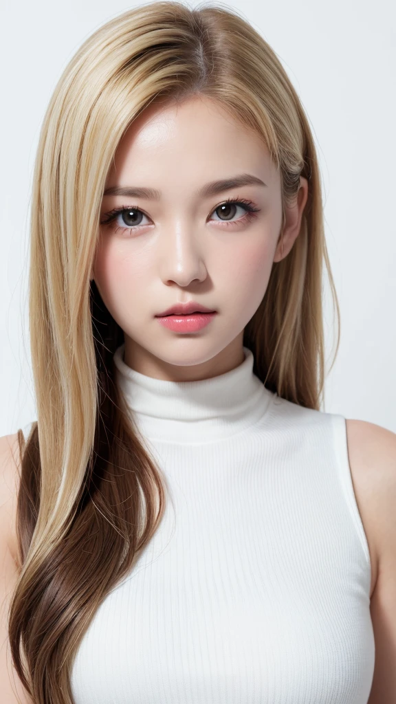 (((forehead、Northern Europe、White、beautiful girl、ホワイトblonde、Blonde、White Background、High neck sleeveless、cute、young、True Face、Shiny Hair、whole body)))、Tabletop, Highest quality, shape, Very detailed, finely, High resolution, 8k wallpaper, Perfect dynamic composition, finelyて美しい目, Deco Out,blonde, chest, Natural color lip,White Background, random cute poses,