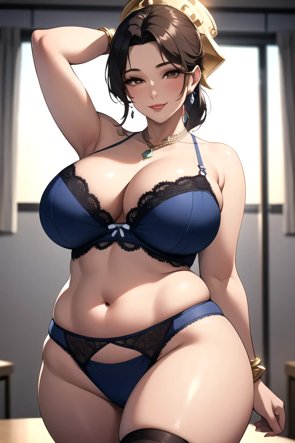 ((best quality)), ((masterpiece)), (detailed), perfect face, milf, ponytail , brown eyes, rosy red lips, plump, sixpack belly, voluptuous body, very big breasts, wearing blue lingerie with stocking , Wearing luxurious jewelry, ((hand above head)) , sensual smile, background office