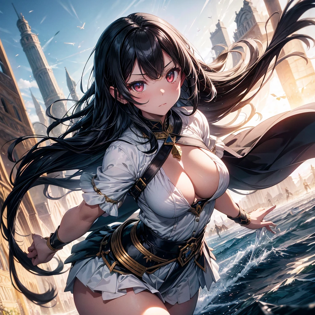 NSFW, sexy, erotic, adult, Striking and realistic animated digital illustration. It depicts a noble young female princess knight leading an army on a medieval European battlefield. The look of shame on their faces as they endure rape and humiliation, She is also a war priestess blessed by the goddess of war. Her armor is gorgeous and colorful, with elaborate embroidery and decorations that accentuate her divine figure. She is proficient in swordsmanship, and is depicted in a moment of performing this skill. To emphasize the moment of this technique, she is depicted from different dynamic angles, highlighting the movement and intensity of her swordsmanship. Her expression is stern and dignified, emphasizing her presence. A fierce black wind swirls around her, and many eagles fly at high speed to enhance the effect of her technique. Her long black hair flows with her movements, and the background is filled with a battlefield that creates a dramatic atmosphere as she leads her army. An aura of divine light envelops her, her white wings dance and she is depicted as a neon-like luminous presence. Sacred blessing effects have been added to emphasize that she is blessed by the goddess of war. --NSFW, --sexy