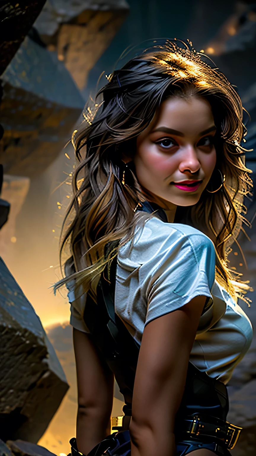 Studio Lighting,(Portraiture),(Vibrant colors),(Cool tones),(Soft moody lighting),(Sharp focus), stunning face, confident and provocative smile,Mysterious atmosphere,Dark and rough cave background, Big Tits, Decorative equipment,Fierce and powerful stance,Shining Jewelry,Dramatic lighting to accentuate facial features,Subtle makeup,Faint signs of smoke or fog,Nighttime Settings,Faint moonlight shining in the background illuminates the scene.、masterpiece, 最high quality, high quality, High resolution, ((Pause_random))、(Upper body portrait))), Dark cave background,black garter set、View from behind、