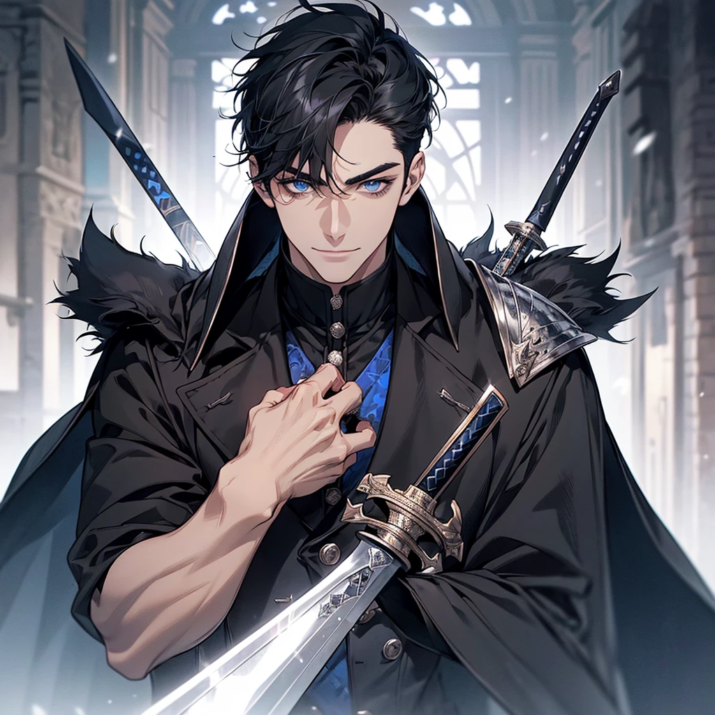 Masterpiece, Highest quality, Heavy snow, Cold Weather, realistic, 1 person, mature man, A quiet and charming young man, 30 years old, smile, gag, Portrait, Highly detailed face, 寒さとsmile, ((blue eyes)), ((black short hair)), [Thick eyebrows], dark palace, ((black long coat)), ((all black)), (blue eyes) ,Short Black Quiff Hair with Soft Fringe, handsome , muscle, Facial expressions, Black Knight Armor , black fur shawl(Masterpiece,best quality,special, (Broad shoulders)) (muscle), male focus, Hand holding a long sword,black two handed sword, His black sword rose high., Face gigantic and terrifying monsters.. Describe the man&#39;s appearance., Details of his sword, Characteristics and characteristics of monsters, and convey the tension and power of the encounter.."