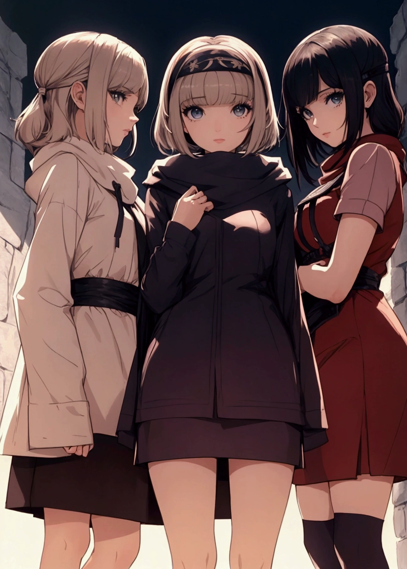 masterpiece), best quality, high resolution 3girl bob cut medium hair standing alone cowl headband profile image looking at viewer beautiful eyes beautiful face extremely detailed