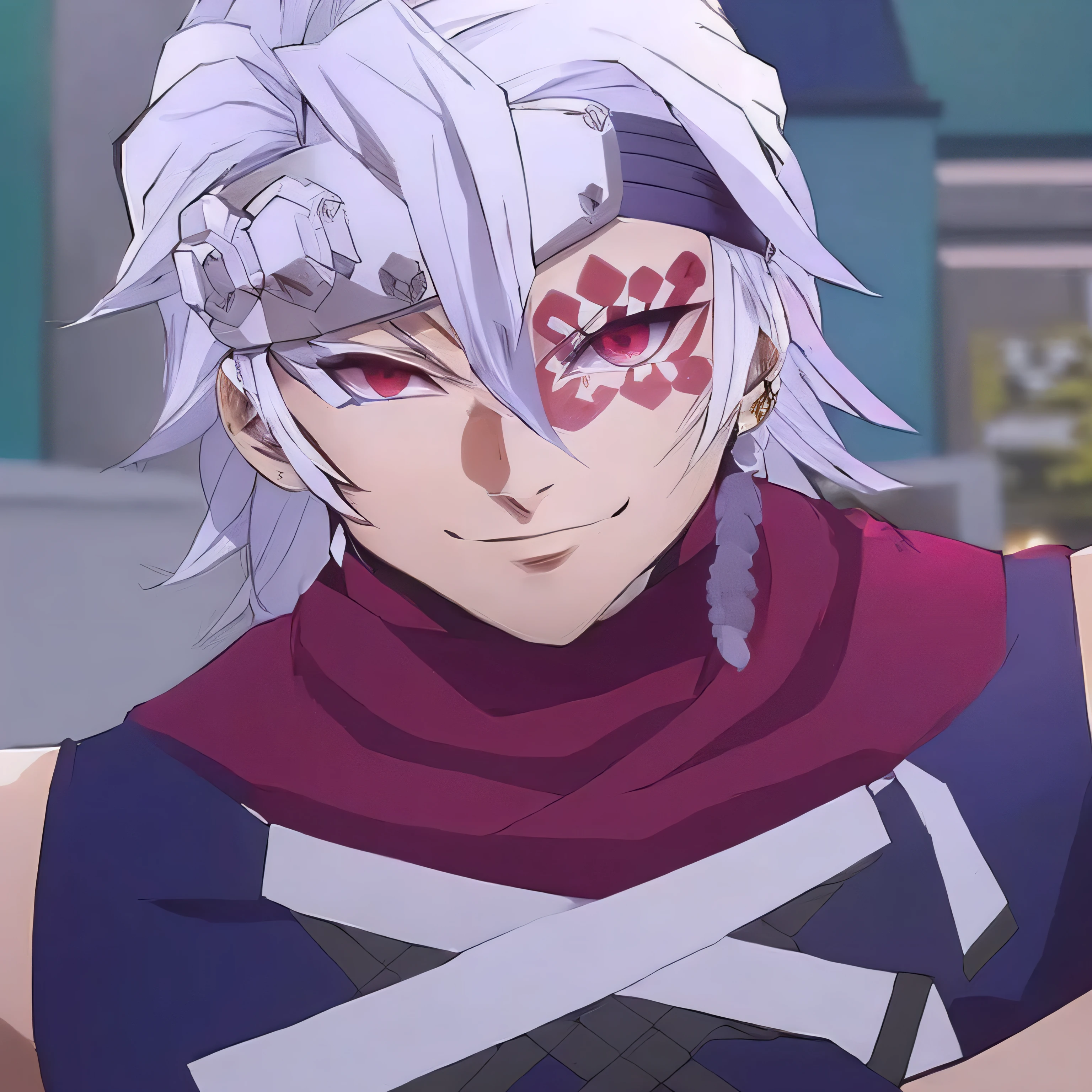 anime character with white hair and red eyes in a purple outfit, handsome guy in demon slayer art, hajime yatate, key anime art, keqing from genshin impact, zhongli from genshin impact, best anime character design, male anime character, trigger anime artstyle, key anime visuals, today's featured anime still, roguish smirk, smile