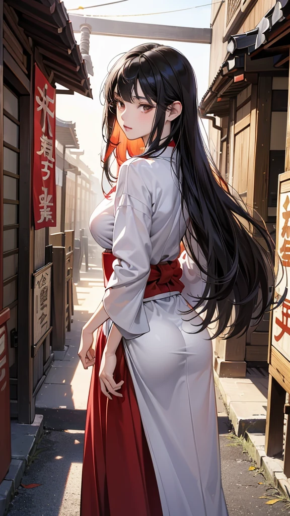 (perfect anatomy:1.2)(absurdres, highres, ultra detailed),masterpiece,best quality,high resolution,8k,Realistic face,Realistic skin texture,magnified textures, stunning clarity,detailed anime girl,(ultra detailed eyes and face),,black long hair,pale skin,Japanese shrine maiden, mysterious eyes,shrine maiden clothes,(white kimono),(The red long hakama is coming off:1.1),Buttocks are visible,thin body type,big breasts,(small ass),(beautiful ass)(expressionless:1.1),Steampunk in the Edo Period、(Vivid hieroglyph signs and street advertisements:1.2)、silence、autumn、hieroglyph,souk、Ancient Egyptian statues、Shopping Street,,look at viewer,(from behind:1.6),Delicate atmosphere、(standing upright),cowboy shot,arms down,from back,Delicate atmosphere,Lifeless,cowboy shot、Looking straight at the viewer