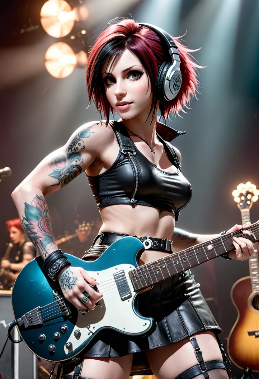 (Realisttic:1.2), analog photo style, (cute Tifa Lockhart, playing  guitar), detailed face and eyes, best quality textures, punk style, leather skirt, tattoo on left shoulder, headphones, cinematic lighting, cgi, colored bob hair, perfect anatomy, in concert, hairshakes, great dinamic photo, great quality, Masterpiece, intricate steam body, rock'n'roll  aesthetic, 16k quality, analog photo style, RAW photo