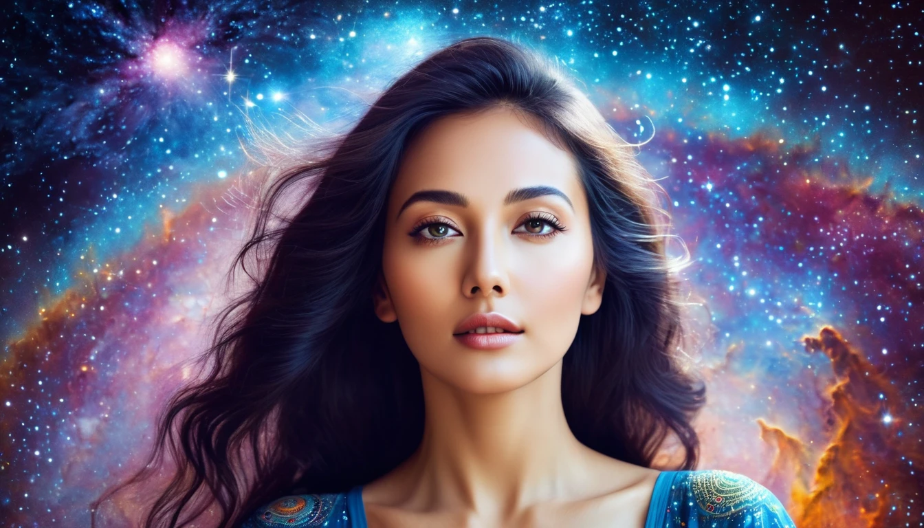 A beautiful woman who feels space with cosmic consciousness