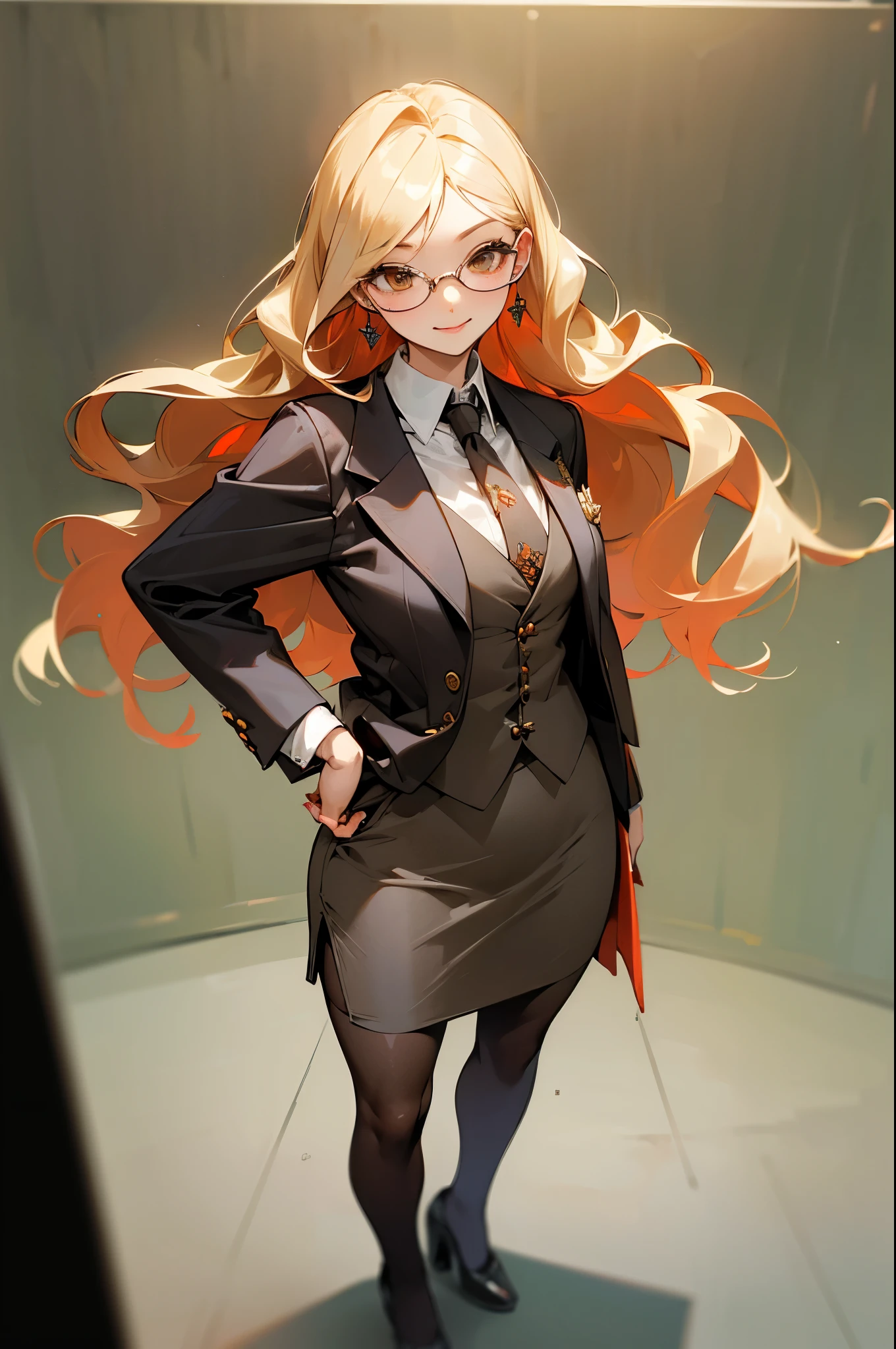 (Masterpiece, Best Quality, High Quality:1.4), professional artwork, well drawn, Intricate Details, field of view, sharp focus, detailed painting, masterpiece, cinematic lighting, trending on pixiv, vivid lighting, vibrant colors, by by Nagasawa Rosetsu, MadamePresident, mature female, milf, standing, hands on waist, office background, afternoon, full body shot, blonde hair, long hair, wavy hair, lipstick, makeup, ultra detail hair, ultra detail face, perfect eyes, perfect face, earring, brown eyes, Looking at Viewer, flirting, smiling, grey skirt suit, (((three-piece suit))), necktie, blazer, (((suit jacket))), (((waistcoat))), double-breasted waistcoat, (((miniskirt))), (((pencil skirt))), stockings, skirt, tie clip, pocket square, pantyhose, high heels, glasses, cufflinks, red nails, nail polish, upper body, arms in pockets