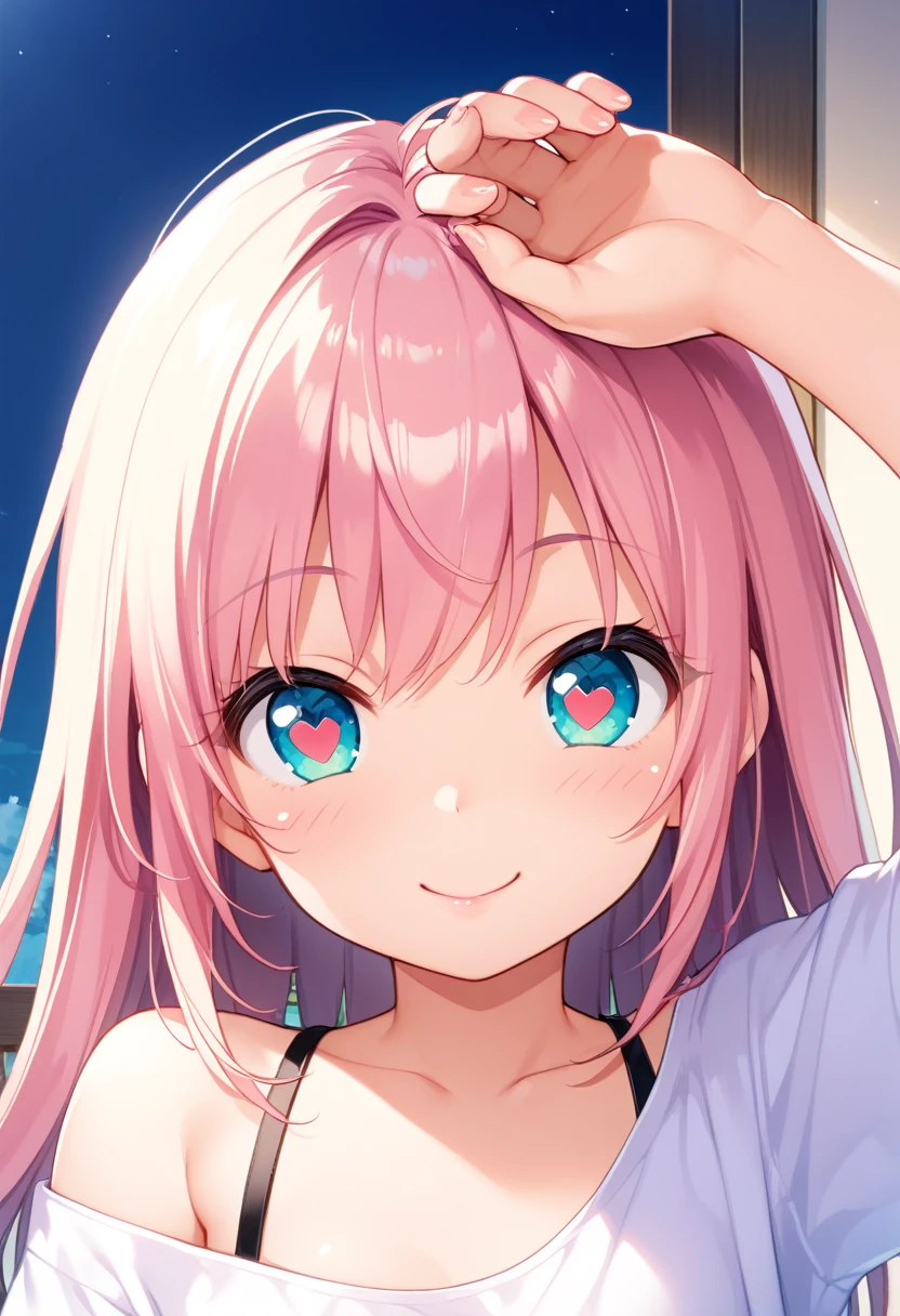 1girl, tiny girl, young girl, mesugaki, mesugaki smile, Teasing, naughty looks, heart eyes, A girl who puts her own fist to her own head:1.3, A girl tapping her own head:1.3, tidy, Focus on the girl, glossy skin, oily skin, Close-up of the face, Masterpiece:2, Top Quality, high Quality, Very Detailed, ultra High Resolution, super High Resolution, Beautiful Detail, Dynamic angles, perfect lighting, 8k, Animation Style, cartoon style, game cg, sfw,