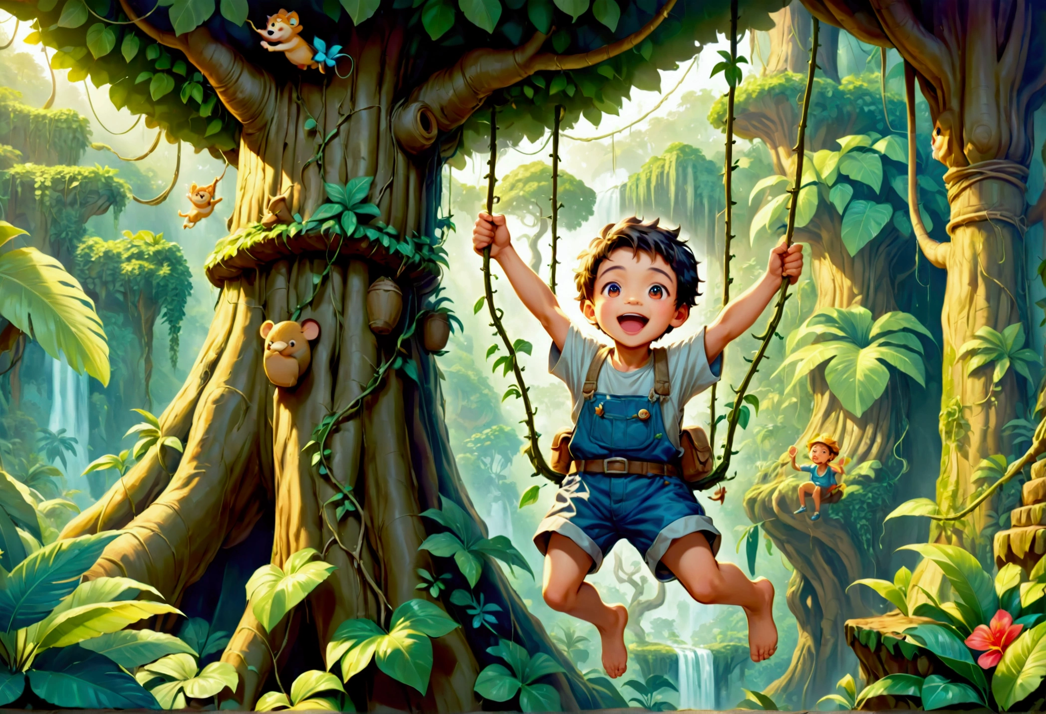 Painting of a boy hanging from a tree in the jungle, In the cinematic style of Crude, In the jungle forest, Jumping from the Babaobu Tree, Adorable digital painting, Swinging from vines across the canyon, background jungle, illustration for children's book, The overall mood is playful and energetic, expressing the thrill of swinging through the jungle.