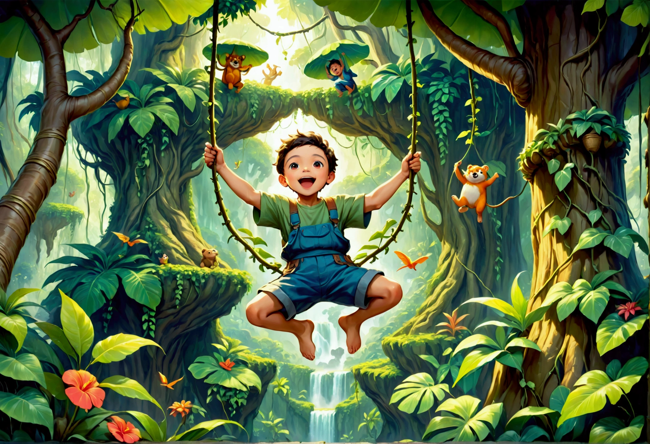 Painting of a boy hanging from a tree in the jungle, In the cinematic style of Crude, In the jungle forest, Jumping from the Babaobu Tree, Adorable digital painting, Swinging from vines across the canyon, background jungle, illustration for children's book, The overall mood is playful and energetic, expressing the thrill of swinging through the jungle.