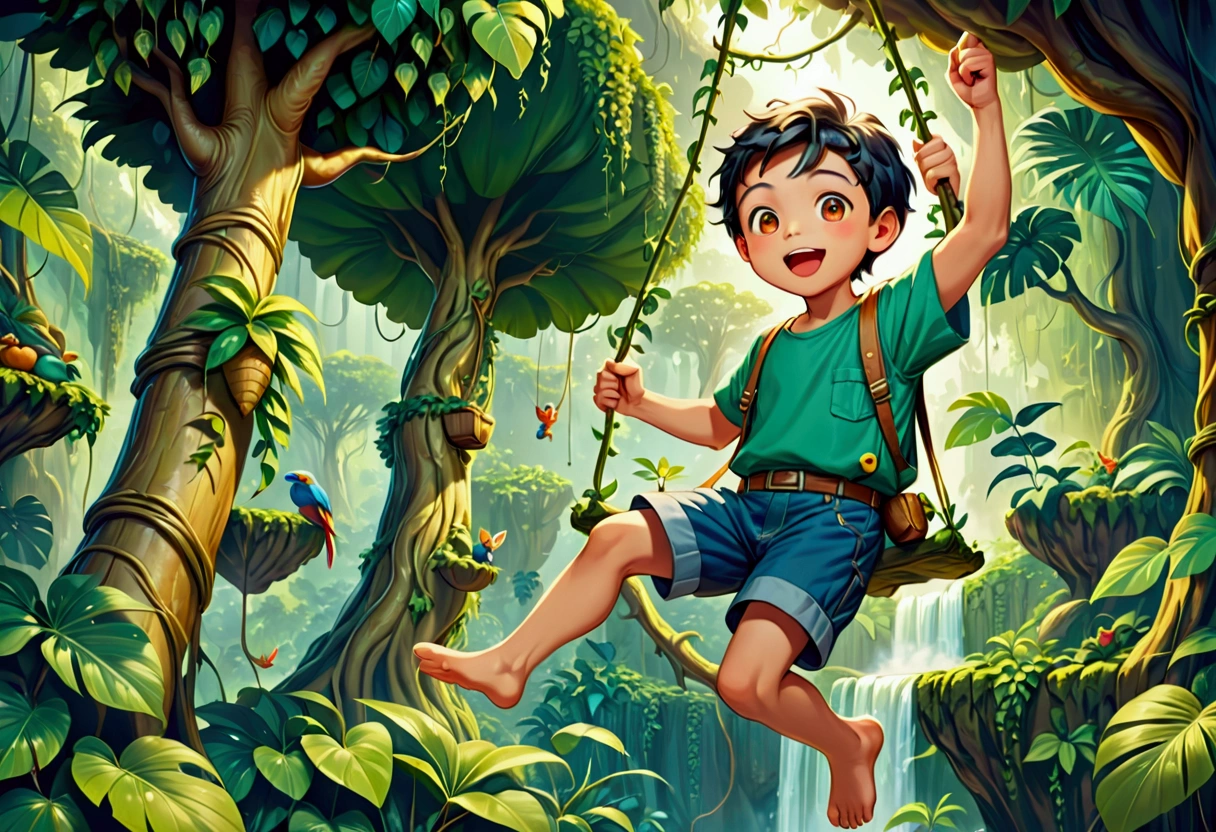 Painting of a boy hanging from a tree in the jungle, In the cinematic style of Crude, In the jungle forest, Jumping from the Babaobu Tree, Adorable digital painting, Swinging from vines across the canyon, background jungle, illustration for children's book, The overall mood is playful and energetic, expressing the thrill of swinging through the jungle.