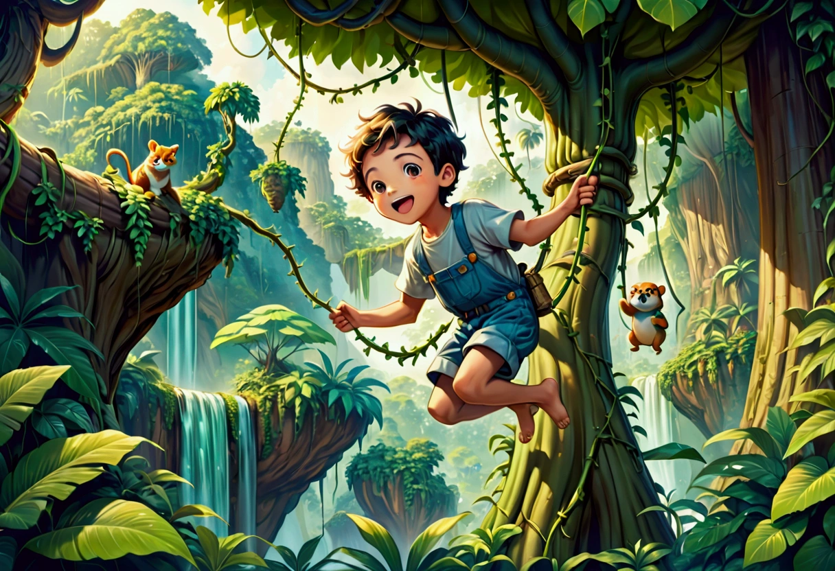 Painting of a boy hanging from a tree in the jungle, In the cinematic style of Crude, In the jungle forest, Jumping from the Babaobu Tree, Adorable digital painting, Swinging from vines across the canyon, background jungle, illustration for children's book, The overall mood is playful and energetic, expressing the thrill of swinging through the jungle.