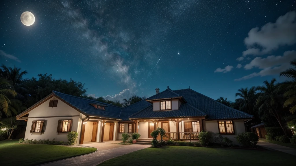 vila oriental, starry sky and full moon in the background
