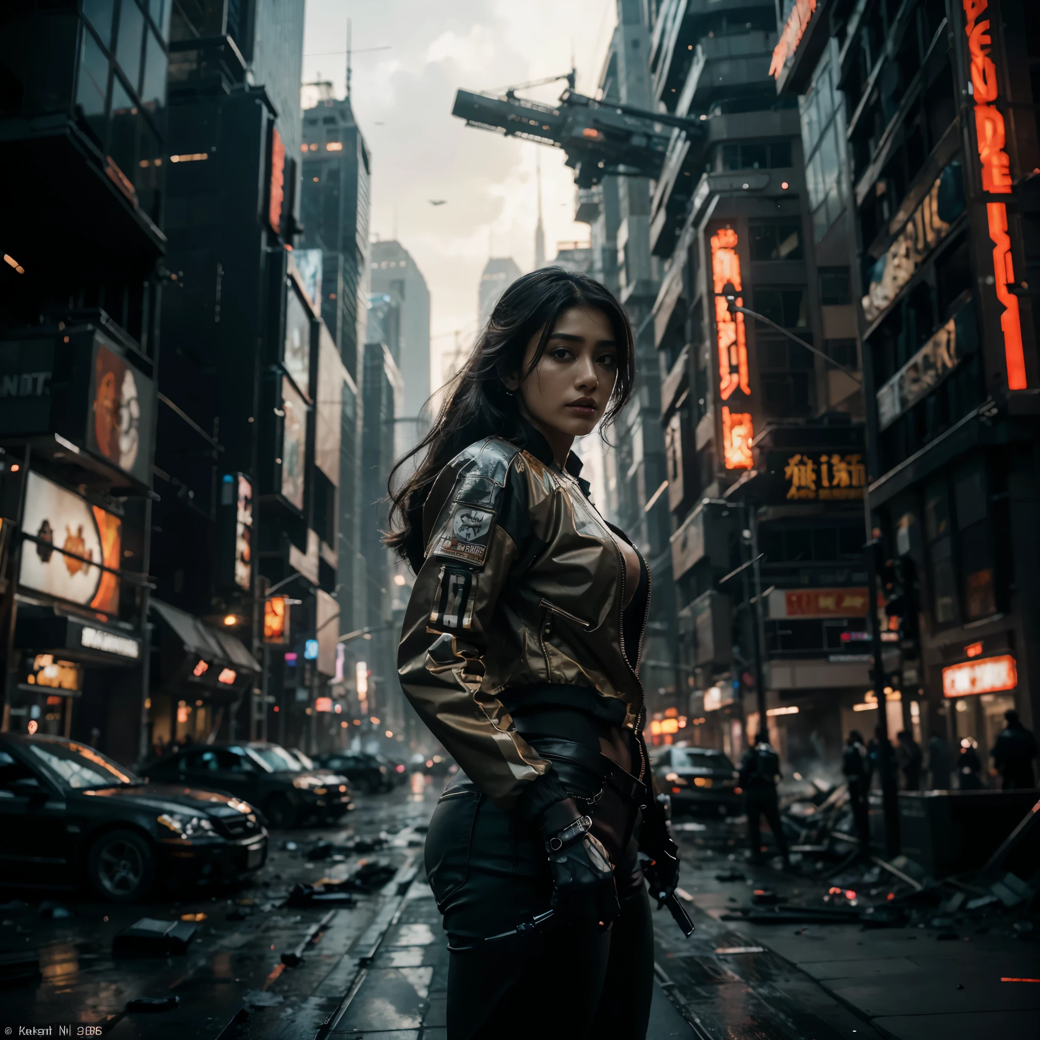 (Highest quality, Ultra HD, 16k, Masterpiece) A powerful girl Pooja Hegde walks confidently in front of her rugged, futuristic car amidst a chaotic and war-torn metropolis. The shot is a medium to long view, capturing her determined presence and the complete surroundings around her. She gazes ahead with a fierce, unyielding expression, embodying strength and resolve. She wears a fitted mecha tshirt under a stylish jacket and jeans pants, her attire blending practicality with a touch of modern flair. The jacket is detailed with guns, rifles, and utility pockets, enhancing her battle-ready appearance. Her hair is tousled and windswept, adding to her dynamic presence. The car behind her is a heavily modified, armored vehicle, its exterior scarred from countless battles. It stands as a testament to her resilience and resourcefulness, with various gadgets and weapons mounted on its frame. The car's sleek, complements the overall gritty atmosphere. In the background, the entire skyline of the metropolis is visible, partially obscured by smoke and ash. Skyscrapers tower amidst the chaos, many of them heavily damaged with gaping holes and crumbling facades. Explosions light up the scene, casting an eerie glow over the widespread destruction. Spaceships hover menacingly in the sky, engaged in fierce aerial battles, their sleek designs contrasting with the devastation below. The ground is littered with debris and remnants of destroyed structures, adding to the sense of a world torn apart by conflict. Scraps of metal, shattered glass, and remnants of vehicles are scattered across the landscape. The lighting is dramatic, with sharp contrasts that highlight the textures of her attire and the metallic surface of her car. The interplay of light and shadow emphasizes the intense expression on her face and the chaos in the background. Hollywood action movie. Action film, ((tshirt)), (((fully covered mecha tshirt))), (((mecha jacket on top))), (((guns)))