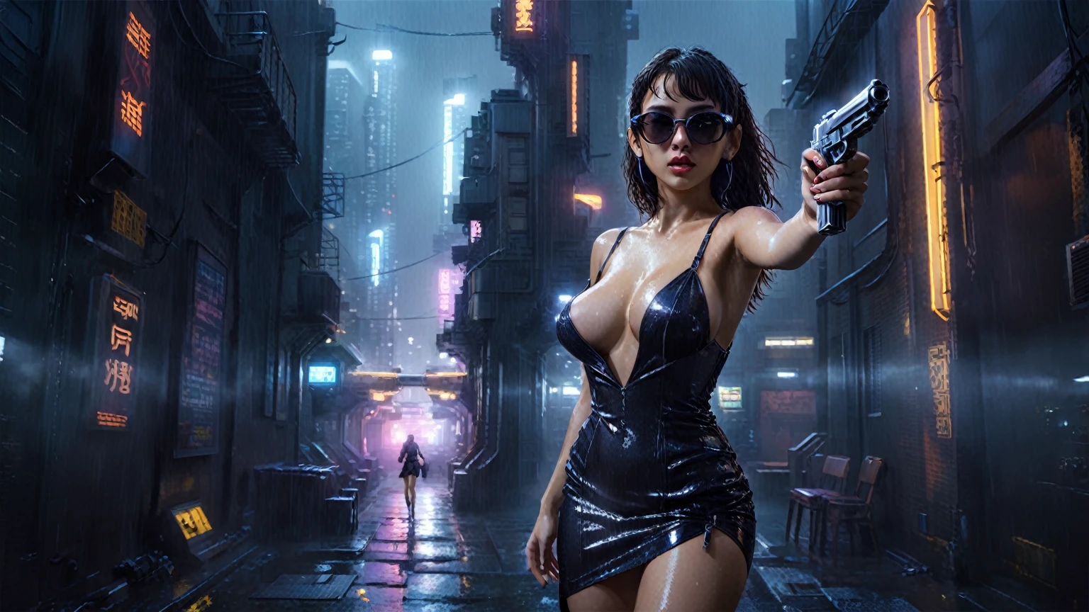 (((aerial view))), (flying cars docking platform), Blade Runner style futuristic city alley, neon lights, rainy night. (1girl, solo, alone), large-breast:1.2 slim body, cleavage:1.1, sexy wind blowing wet dress:1.4, headphone, (black sunglasses), (((she raised a pistol:1.8 and shot:1.8 the viewer))), dynamic pose, (((half-body thigh level medium shot))), cinematic lighting, lens flare, ray tracing, zoom-in blurred:1.4 background.