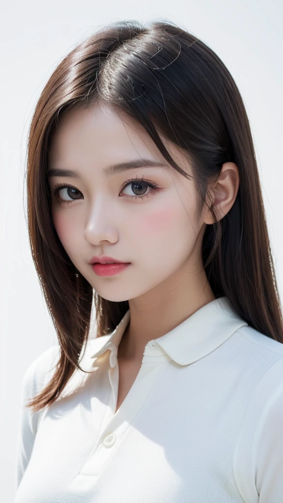 (((forehead、Northern Europe、White、beautiful girl、Black Hair、White Background、Golf Wear、cute、young、True Face、Shiny Hair、whole body)))、Tabletop, Highest quality, shape, Very detailed, finely, High resolution, 8k wallpaper, Perfect dynamic composition, finelyて美しい目, Deco Out,blonde, chest, Natural color lip,White Background, random cute poses,