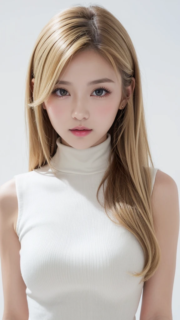 (((forehead、Northern Europe、White、beautiful girl、ホワイトblonde、Blonde、White Background、High neck sleeveless、cute、young、True Face、Shiny Hair、whole body)))、Tabletop, Highest quality, shape, Very detailed, finely, High resolution, 8k wallpaper, Perfect dynamic composition, finelyて美しい目, Deco Out,blonde, chest, Natural color lip,White Background, random cute poses,