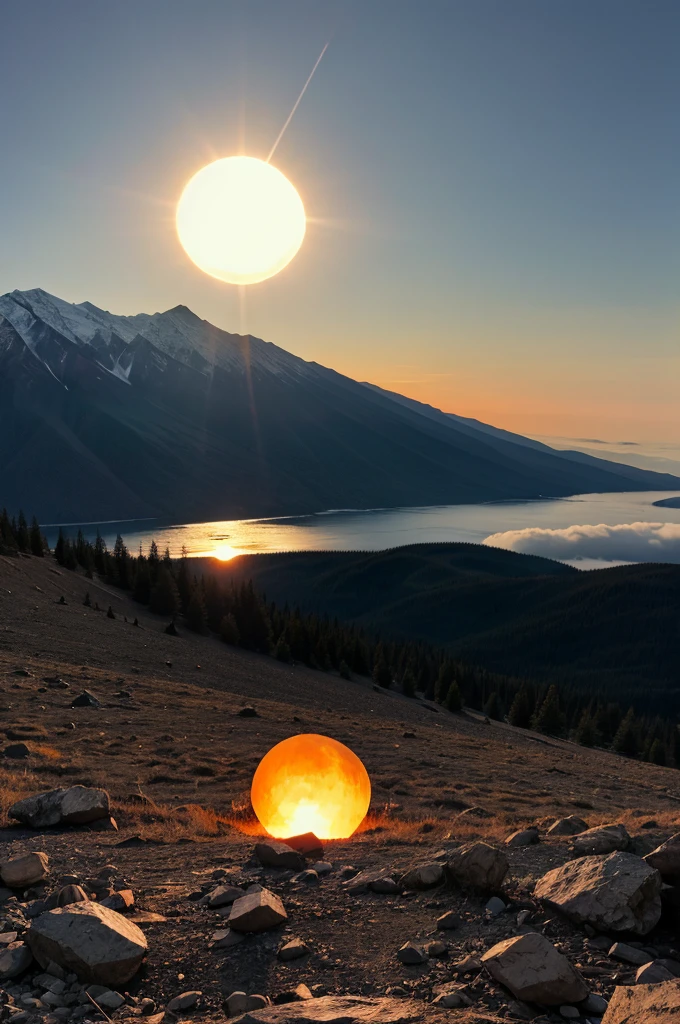 Dark mode of mountain and burning the sun behind the sun.