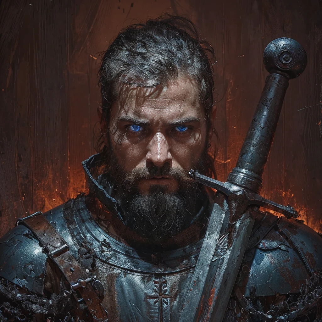 Conrad was a tall and strong young man, but an experienced man. He had piercing blue eyes, who seemed able to see through the very depths of the darkness of our world. His black hair was cut short, and the beard is quite thick, expressing severity , determination and paying tribute to its culture, Despite his young age, he already had gray strands of hair, this is a consequence of large doses of herbal decoctions and the internal state after all the battles with the horrors of this world . His face showed clear signs of battle and trials., reflecting his past when he was a Varangian and now , when he is a cleaner-messenger of God .
Conrad wore lightweight knight's armor on a leather suit decorated with the symbols of the New Vatican - a cross and other sacred signs, as well as pagan runes as a tribute to one’s past and ancestors. On his belt hung a sword with a carefully sharpened blade., shaped like a cross ready for battle at any moment. His stoic posture and confident gaze exuded unshakable determination and dedication to the war effort. .