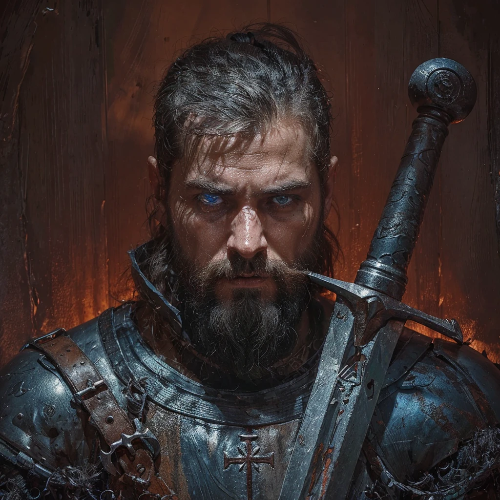 Conrad was a tall and strong young man, but an experienced man. He had piercing blue eyes, who seemed able to see through the very depths of the darkness of our world. His black hair was cut short, and the beard is quite thick, expressing severity , determination and paying tribute to its culture, Despite his young age, he already had gray strands of hair, this is a consequence of large doses of herbal decoctions and the internal state after all the battles with the horrors of this world . His face showed clear signs of battle and trials., reflecting his past when he was a Varangian and now , when he is a cleaner-messenger of God .
Conrad wore lightweight knight's armor on a leather suit decorated with the symbols of the New Vatican - a cross and other sacred signs, as well as pagan runes as a tribute to one’s past and ancestors. On his belt hung a sword with a carefully sharpened blade., shaped like a cross ready for battle at any moment. His stoic posture and confident gaze exuded unshakable determination and dedication to the war effort. .