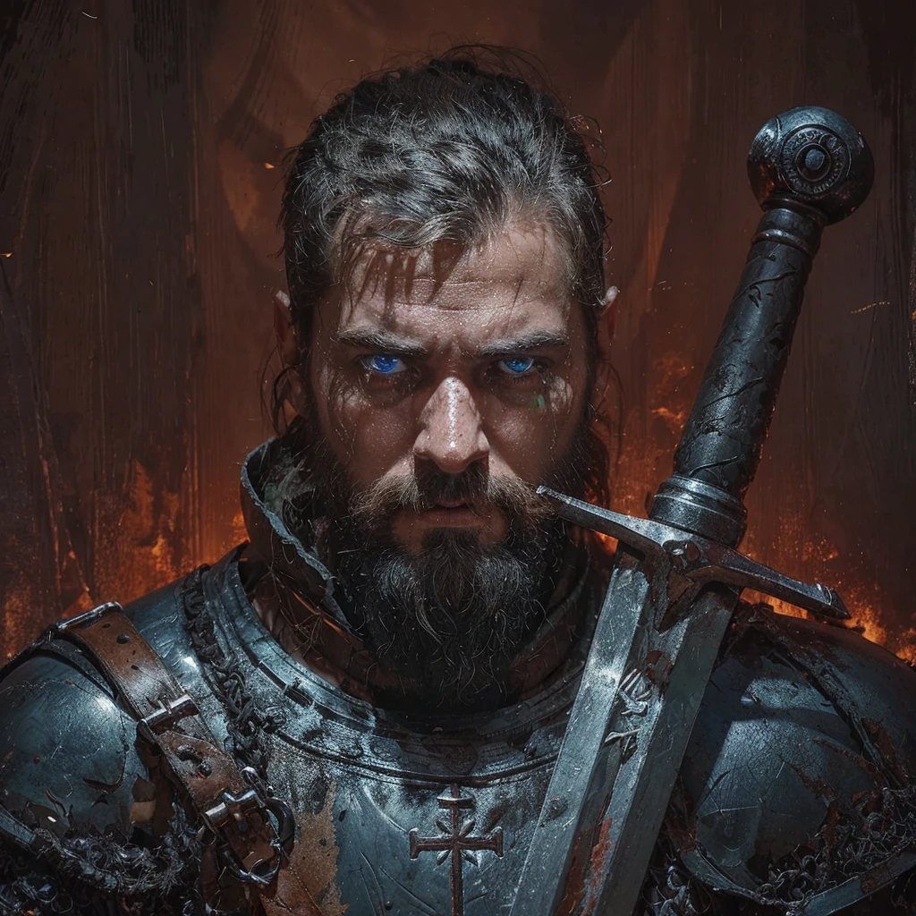 Conrad was a tall and strong young man, but an experienced man. He had piercing blue eyes, who seemed able to see through the very depths of the darkness of our world. His black hair was cut short, and the beard is quite thick, expressing severity , determination and paying tribute to its culture, Despite his young age, he already had gray strands of hair, this is a consequence of large doses of herbal decoctions and the internal state after all the battles with the horrors of this world  . His face showed clear signs of battle and trials., reflecting his past when he was a Varangian and now , when he is a cleaner-messenger of God .
 Conrad wore lightweight knight&#39;s armor on a leather suit decorated with the symbols of the New Vatican - a cross and other sacred signs, as well as pagan runes as a tribute to one’s past and ancestors. On his belt hung a sword with a carefully sharpened blade., shaped like a cross ready for battle at any moment. His stoic posture and confident gaze exuded unshakable determination and dedication to the war effort. .