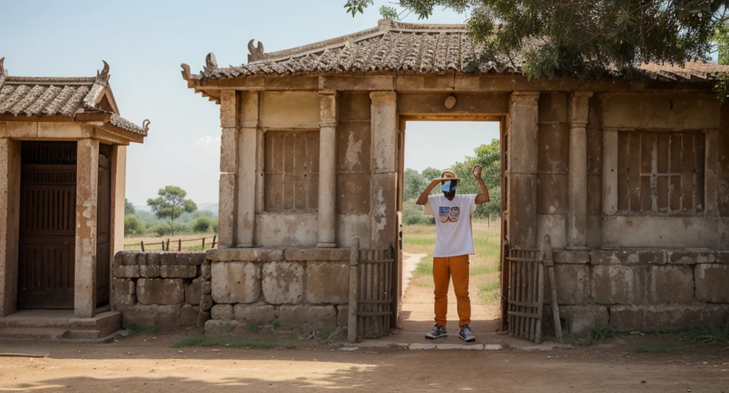 A man was standing on a dirt road. He wore a large white t-shirt. orange quarter pants and red basketball shoes along with wearing a cream-colored hat to protect from the sun He raised one hand to shield his face from the sun to look ahead. The background of the picture is ancient Thai architecture with carved patterns and the windows have iron bars. The structure looks old and has historical value. In the right corner of the photo there is a sign giving information about the location. There is also a metal fence and various barriers. near the entrance