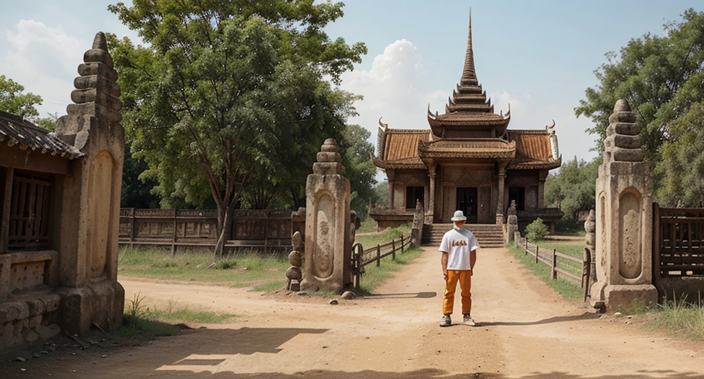 A man was standing on a dirt road. He wore a large white t-shirt. orange quarter pants and red basketball shoes along with wearing a cream-colored hat to protect from the sun He raised one hand to shield his face from the sun to look ahead. The background of the picture is ancient Thai architecture with carved patterns and the windows have iron bars. The structure looks old and has historical value. In the right corner of the photo there is a sign giving information about the location. There is also a metal fence and various barriers. near the entrance 
