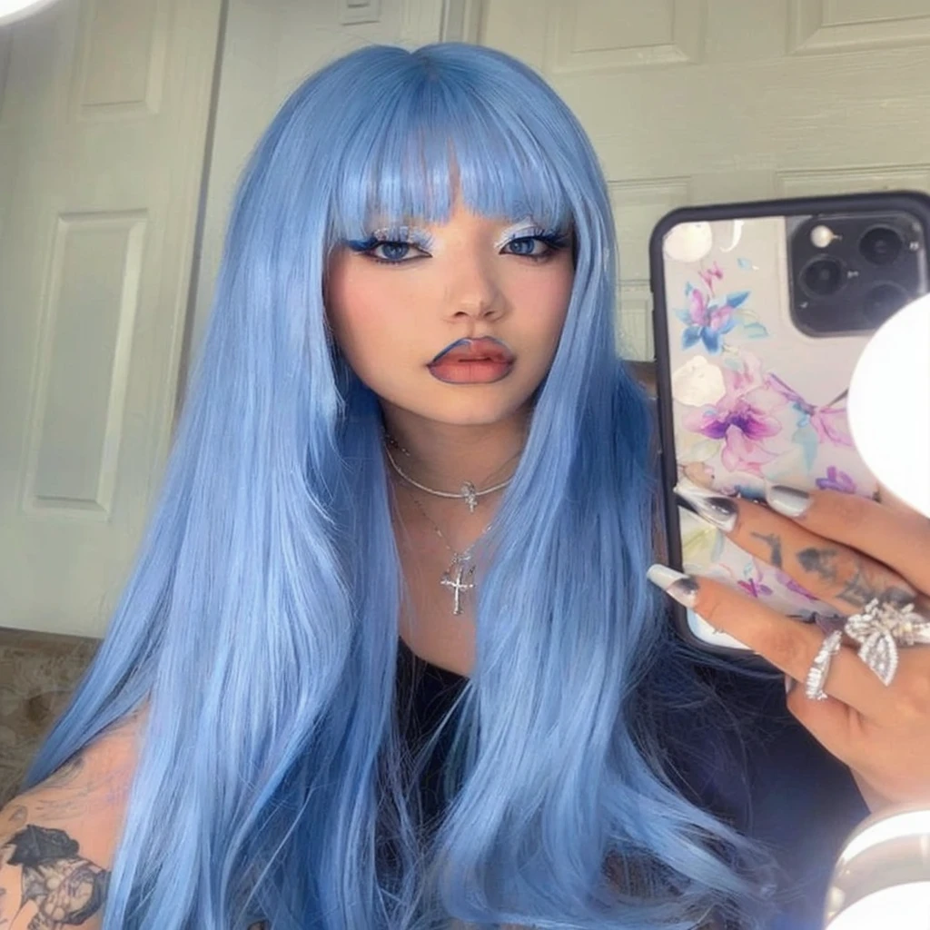 a close up of a person with long blue hair taking a selfie, sky blue straight hair, straight sky blue hair, long azure blue hair, long flowing blue hair, very long wavy azure blue hair, sky blue hair, light blue hair, long cyan hair, with blue hair, long blue hair, blue long hair, very long blue hair, with long turquoise hair