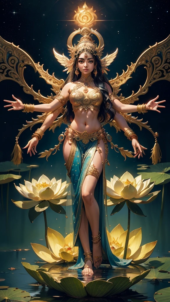 (masterpiece:1.3),(top-quality),( 8K, 4K), (Intricate details),reallistic,Hindu goddesses、Lakshmi、Stand on a lotus flower、she Has 4 arms、Bring water lilies, she has cosmic multiple eyes. Full body, dynamic pose, bright lights, cosmic serenity. Multiple arms, third eyes, comic awareness.