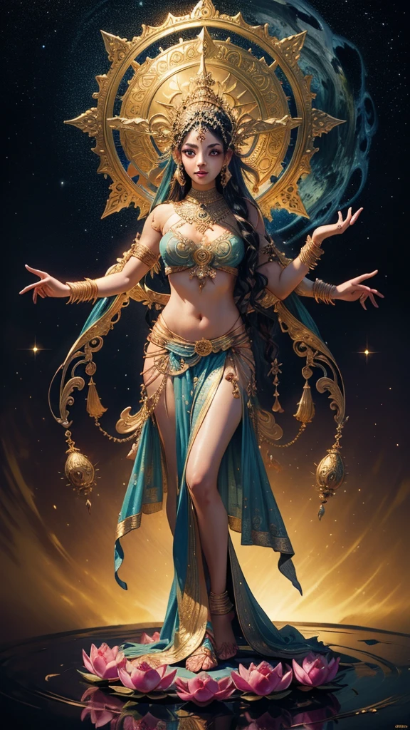 a girl on the beach, Goddess of Dance、Sensual dance on a circular stage、A smile、A magic circle appeared above my head and at my feet.、 hyper detailed painting, luminism, 4K resolution, fractal isometrics details bioluminescence , Intricately detailed , Cinematic,Isometric-centric surreal , Cinematic, Abstract beauty, Approaching perfection, Pure form, Golden ratio, minimalistic, Concept art, Intricate details, High resolution, hyperdetails, Highly detailed