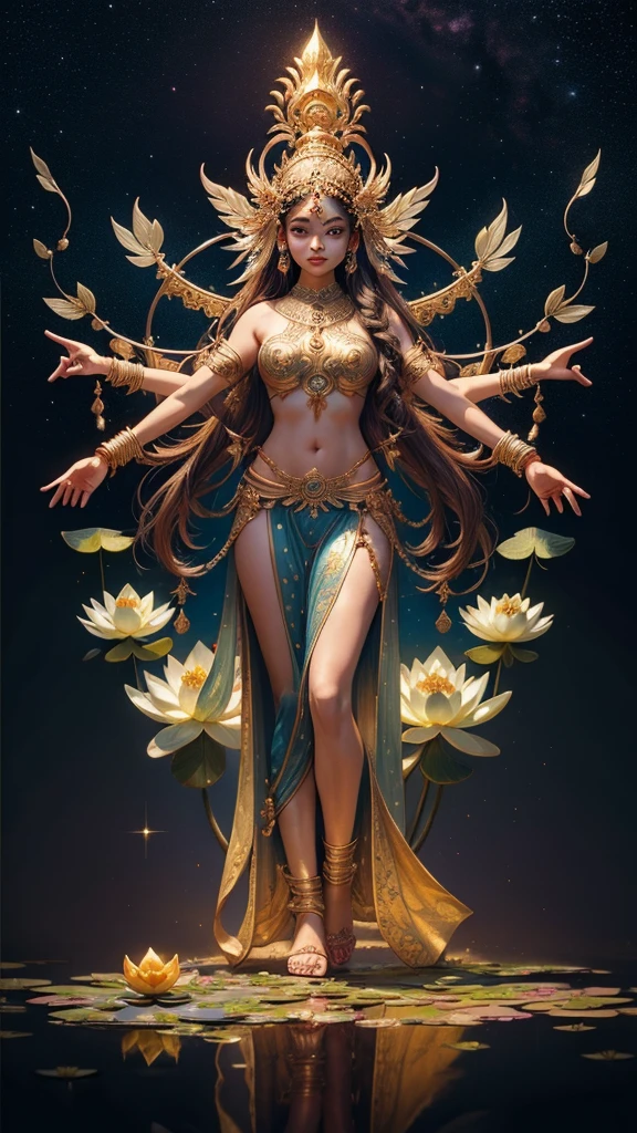 (masterpiece:1.3),(top-quality),( 8K, 4K), (Intricate details),reallistic,Hindu goddesses、Lakshmi、Stand on a lotus flower、she Has 4 arms、Bring water lilies, she has cosmic multiple eyes. Full body, dynamic pose, bright lights, cosmic serenity. Multiple arms, third eyes, comic awareness.