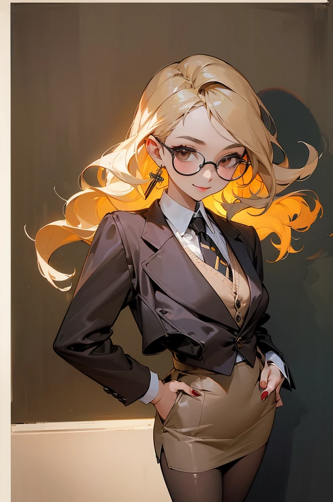 (Masterpiece, Best Quality, High Quality:1.4), professional artwork, well drawn, Intricate Details, field of view, sharp focus, detailed painting, masterpiece, cinematic lighting, trending on pixiv, vivid lighting, vibrant colors, by by Nagasawa Rosetsu, MadamePresident, mature female, milf, standing, hands on waist, office background, afternoon, full body shot, blonde hair, long hair, wavy hair, lipstick, makeup, ultra detail hair, ultra detail face, perfect eyes, perfect face, earring, brown eyes, Looking at Viewer, flirting, smiling, grey skirt suit, (((three-piece suit))), necktie, blazer, (((suit jacket))), (((waistcoat))), double-breasted waistcoat, (((miniskirt))), (((pencil skirt))), stockings, skirt, tie clip, pocket square, pantyhose, high heels, glasses, cufflinks, red nails, nail polish, upper body, arms in pockets
