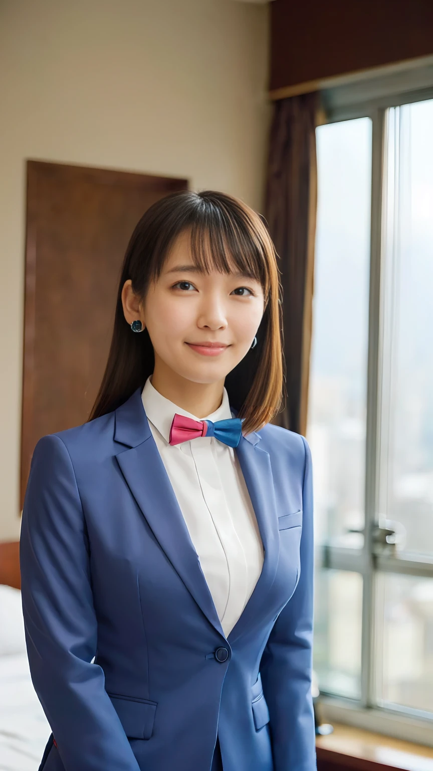 (1 female),beauty,Beautiful Face,smile,(office lady suit:1.4),A dignified appearance,Plump Style,(Saggy breasts:1.3)、(Peeking into this、Front view),Focus on the chest,Ultra-realistic,Ultra-high resolution,highest quality,8k,masterpiece,(Hotel Indoor、Shooting in bed:1.3)、The cutest Yoshioka Riho