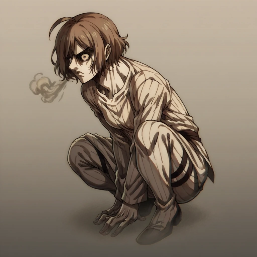 singeki_no_kyojin_s4_style,a giant creepy naked man, with smoke coming out of his mouth, full body,white skin color, anisrnd, ahoge, short hair, brown hair,