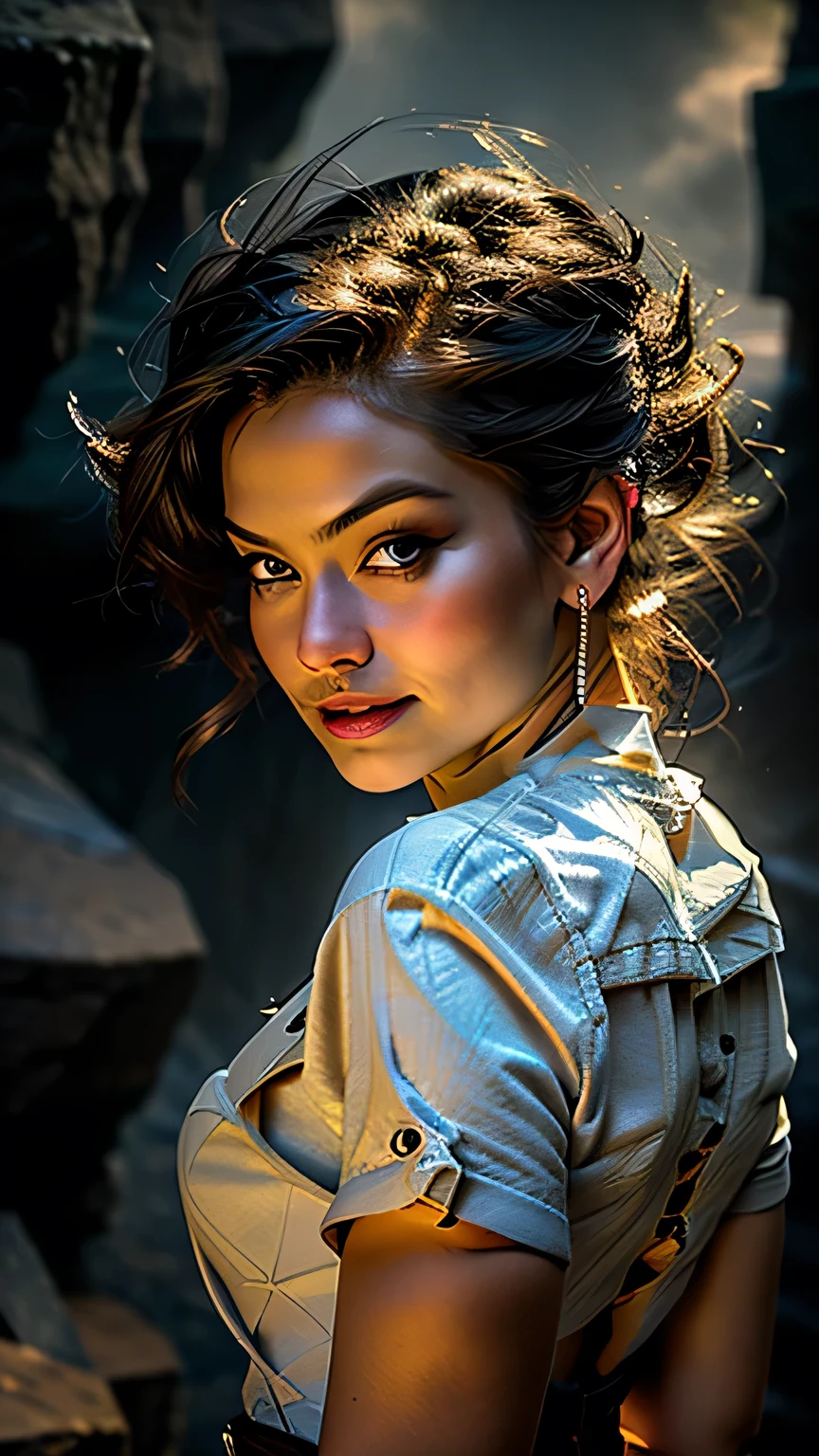 Studio Lighting,(Portraiture),(Vibrant colors),(Cool tones),(Soft moody lighting),(Sharp focus), stunning face, confident and provocative smile,Mysterious atmosphere,Dark and rough cave background, Big Tits, Decorative equipment,Fierce and powerful stance,Shining Jewelry,Dramatic lighting to accentuate facial features,Subtle makeup,Faint signs of smoke or fog,Nighttime Settings,Faint moonlight shining in the background illuminates the scene.、masterpiece, 最high quality, high quality, High resolution, ((Pause_random))、(Upper body portrait))), Dark cave background,black garter set、View from behind、