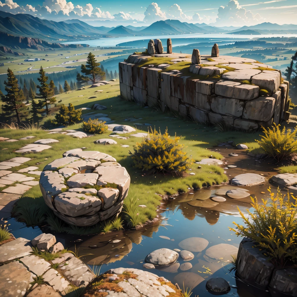 large rusty cylindrical piece on a rocky area with grass, puddles, Stones, beautiful sky and rocks in the distance, post apocalypse