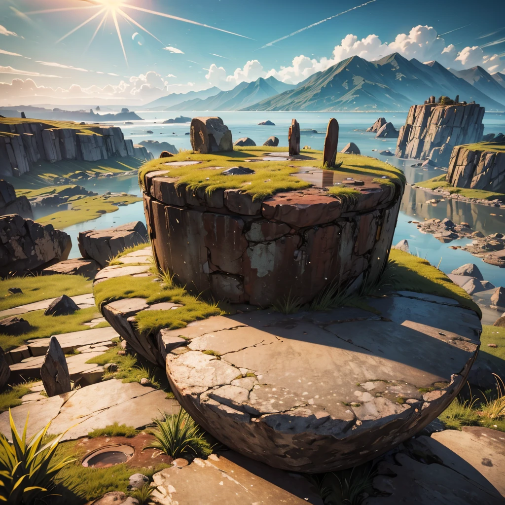 large rusty cylindrical piece on a rocky area with grass, puddles, Stones, beautiful sky and rocks in the distance, post apocalypse