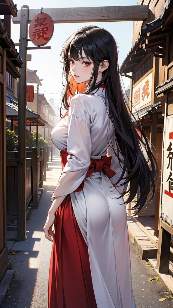 (perfect anatomy:1.2)(absurdres, highres, ultra detailed),masterpiece,best quality,high resolution,8k,Realistic face,Realistic skin texture,magnified textures, stunning clarity,detailed anime girl,(ultra detailed eyes and face),15 years old,black long hair,pale skin,Japanese shrine maiden, mysterious eyes,shrine maiden clothes,(white kimono),(The red long hakama is coming off:1.1),Buttock skin,thin body type,big breasts,(small ass),(beautiful ass)(expressionless:1.1),Steampunk in the Edo Period、(Vivid hieroglyph signs and street advertisements:1.2)、silence、autumn、hieroglyph,souk、Ancient Egyptian statues、Shopping Street,,look at viewer,(from behind:1.6),Delicate atmosphere、(standing upright),cowboy shot,arms down,from back,Delicate atmosphere,Lifeless,cowboy shot、Looking straight at the viewer
