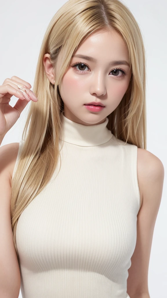 (((forehead、Northern Europe、White、beautiful girl、ホワイトblonde、Blonde、White Background、High neck sleeveless、cute、young、True Face、Shiny Hair、whole body)))、Tabletop, Highest quality, shape, Very detailed, finely, High resolution, 8k wallpaper, Perfect dynamic composition, finelyて美しい目, Deco Out,blonde, chest, Natural color lip,White Background, random cute poses,