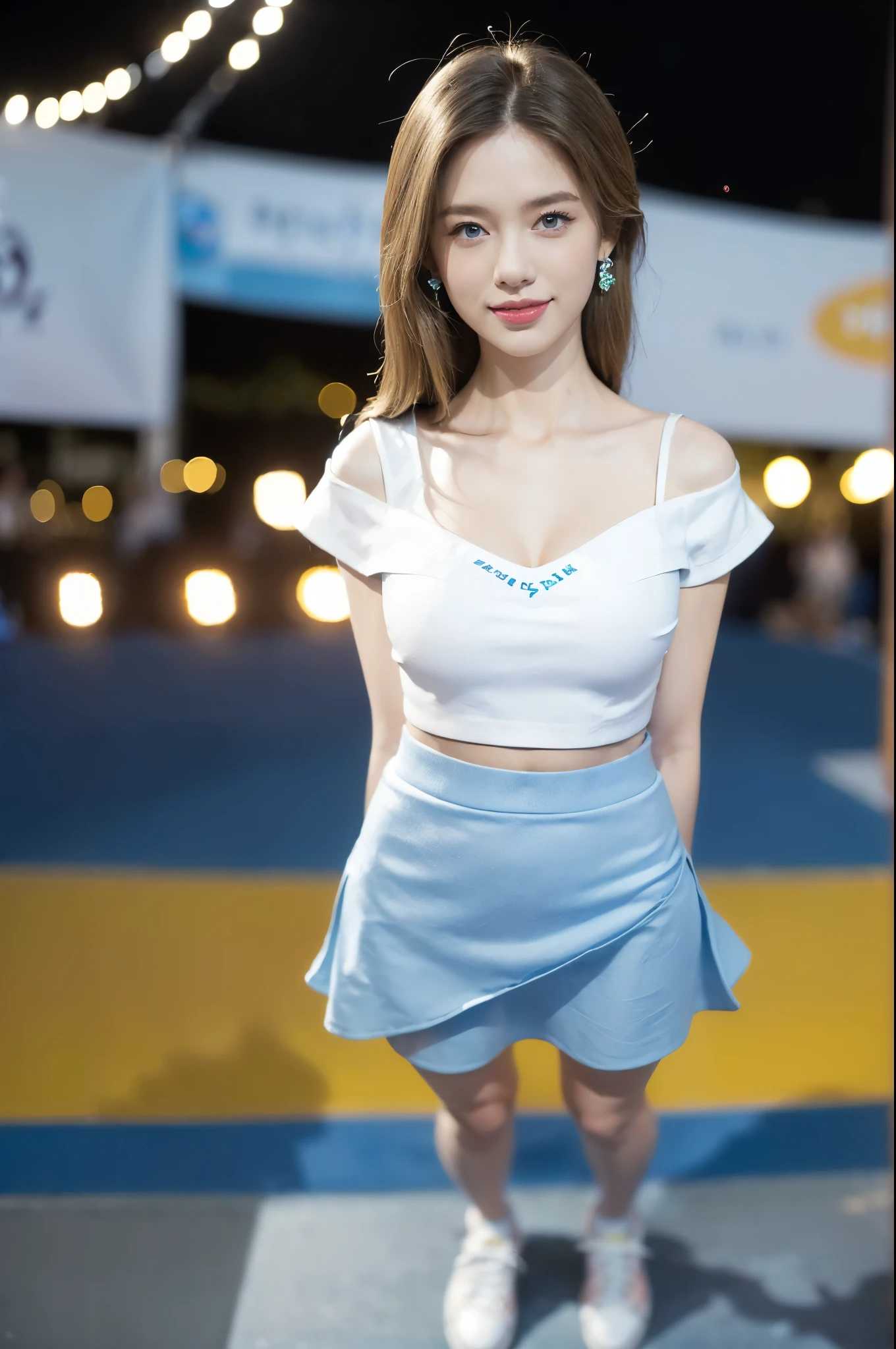 (((best quality))),(((ultra detailed))),(((masterpiece))),illustration,((a beautiful girl,solo)),(shoulder length straight hair:1.2),((slim,thin)),((small breasts,flat chest,cleavage,navel)),(blue short-sleeved white shirt:1.5),(blue mini-skirt:1.3),(slender legs:1.2),(sneakers:1.3),(standing:1.3),(arms behind back:1.3),(on the stage:1.3),((outside a shopping mall, at the entrance of a beer promotional event)),((surrounded by crowded crowds)),expressive eyes,infectious smile,the stage adorned with colorful decorations,vibrant atmosphere,(night scene:1.3),(from front:1.3),(full body:1.3),