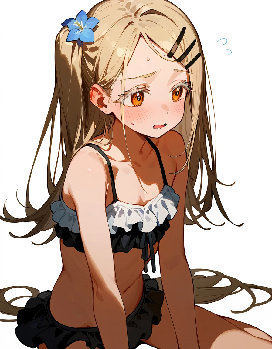 Highest quality, masterpiece, No correction, Beark,shinosawa hiro,thin,Orange eyes,White eyelashes,Blonde,Long Hair,Hair Clip,flat chest,white background,blush,orange color frilled bikini