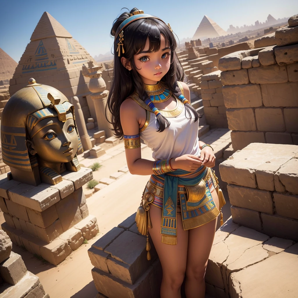 Cute ancient Egyptian 15 year old girl、A hill overlooking the colorful temples of ancient Egypt、A colorful view of the whole city、whole body、Low - Angle、Standing posture、View of the Nile