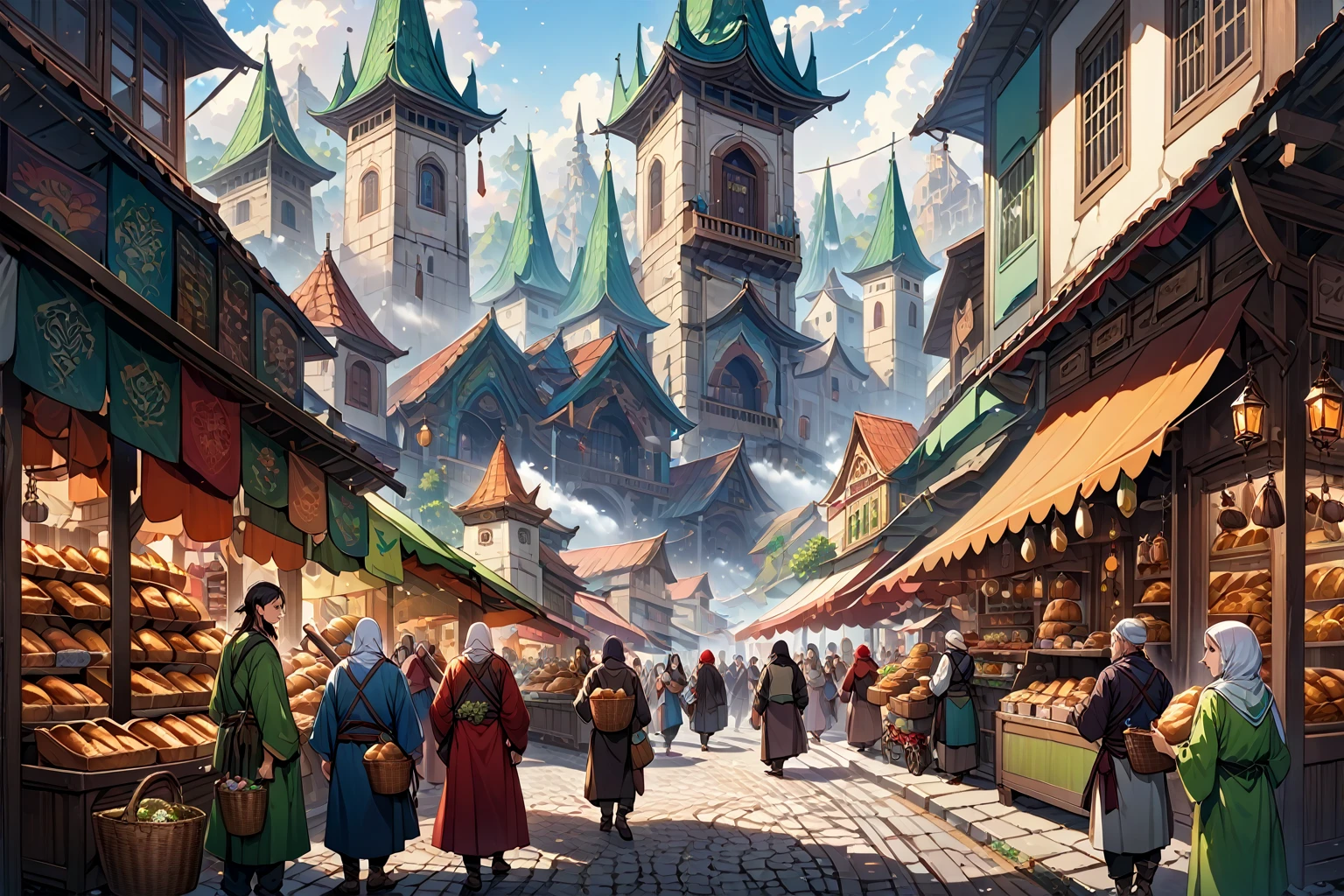 score_9, score_8_up, score_7_up, source_anime,masterpiece, best quality, high resolution, extremely detailed CG, absurdres, highres, fantasy art, Morning mist clings to cobblestone streets as vendors in vibrant attire hawk exotic wares amidst ancient architecture. Towering spires and ornate facades mingle with humble market stalls, while a diverse array of faces - humans, elves, dwarves, and more - hurry about with baskets, bundles, and curious gazes. The air is alive with the cacophony of merchants' calls, hammering on metal, and the sweet scent of fresh bread wafts through the chaotic scene, neondskdrmsxl